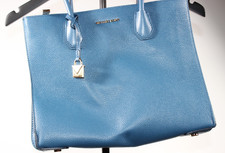 Image of Michael Kors Convertible Tote Large Mercer Shoulder Bag Denim Blue Peb Lthr NWT