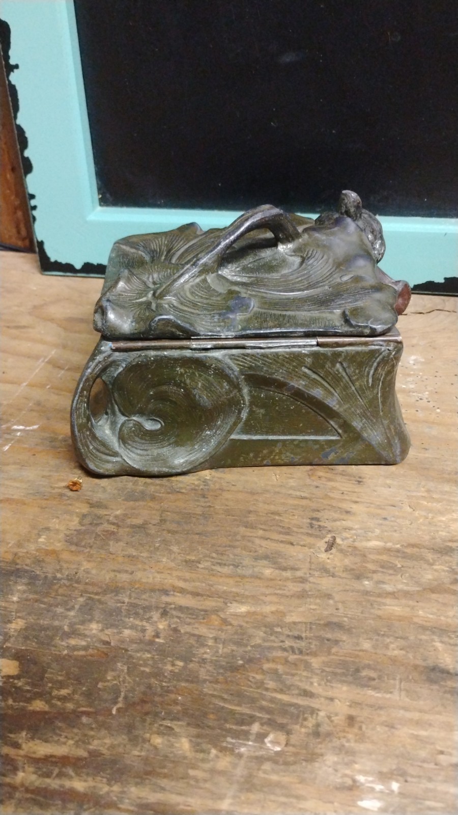 antique art nouveau bronze lady embossed  Jewelry Trinket container