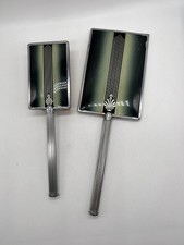 Vintage Art Deco Vanity Hand Held Mirror Brush Set Black/green beveled Mirror