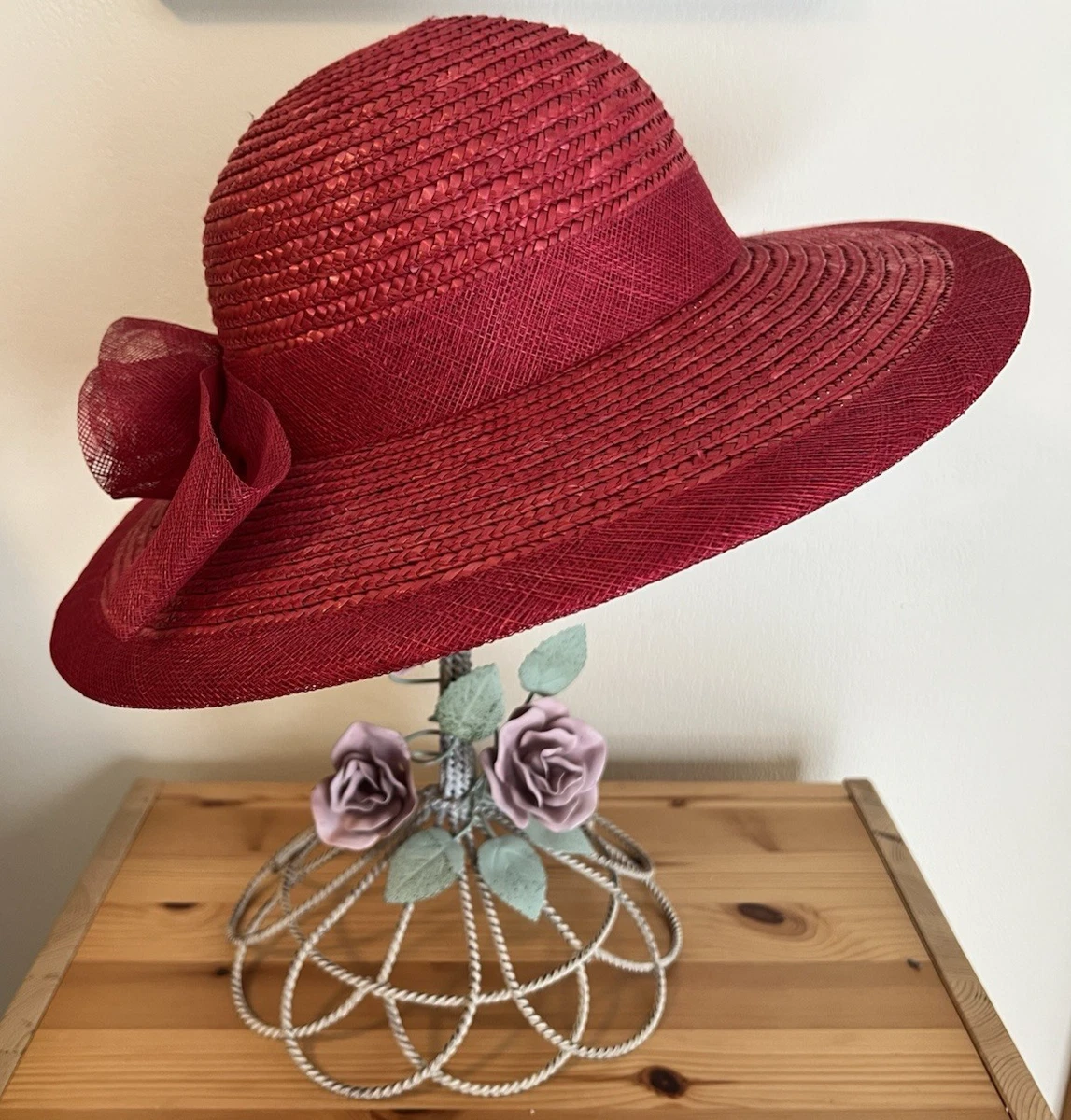 Jenny Buchanan Red Straw Dress Hat Wide Brim Flower Bow Church Derby Hat Red Straw Hats for Women for sale | eBay main image 2