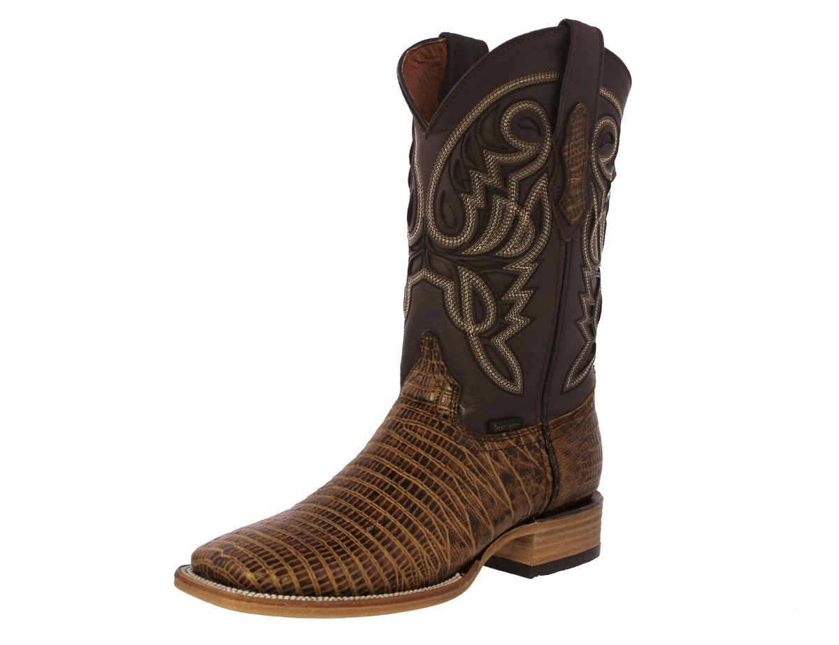 Mens Western Cowboy Boots Honey Brown Lizard Pattern Leather Square Toe  Vaquero