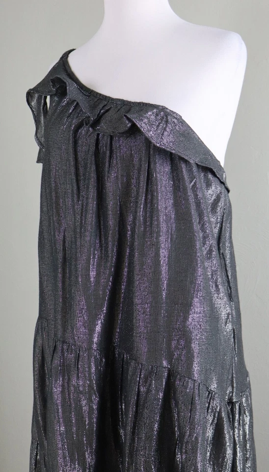 Maxi Vestido ANTHROPOLOGIE $188 Maeve Metálico En Niveles Un Hombro Talla Pequeña Foto 2 de 4