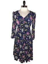 SUSAN GRAVER Size M A-Line Dress Blue Pink Purple Floral Tiered 3/4 Sleeve
