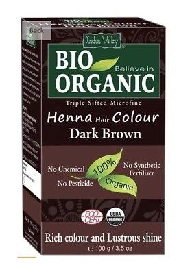UK Indus Valley Bio Organic 100% Organic Henna Hair Colour Dark Brown 100g
