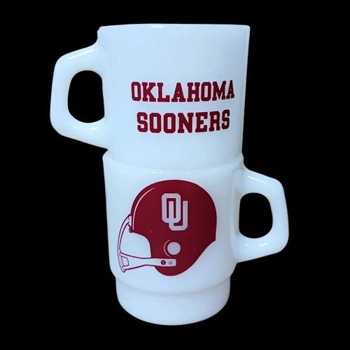 2 VTG OU Oklahoma Sooners Anchor Hocking Milk Glass Stackable Mugs Football USA