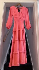 Coral/ Orange Elasticated Waist Gathered textured Tiered Maxi Dress