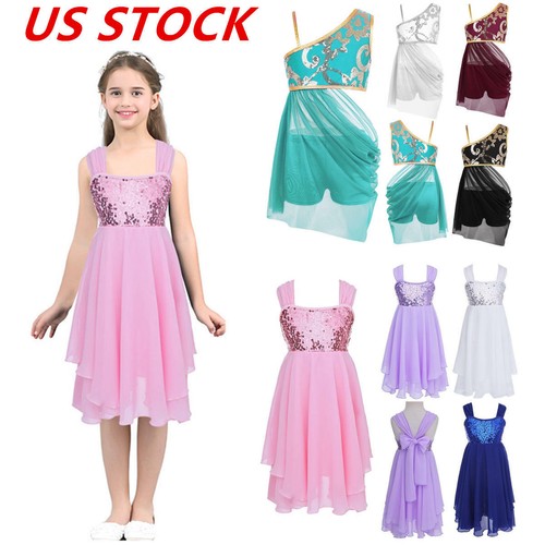 US Girls Ballet Dance Gym Dresses Lyrical Latin Sequins Skirts Outfits Dancewear