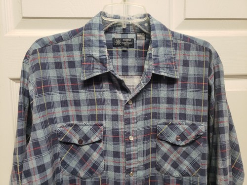 Vtg Haband Men Flannel Western Shirt Size L Blue Red Plaid Pearl Snaps Worn - Picture 2 of 11
