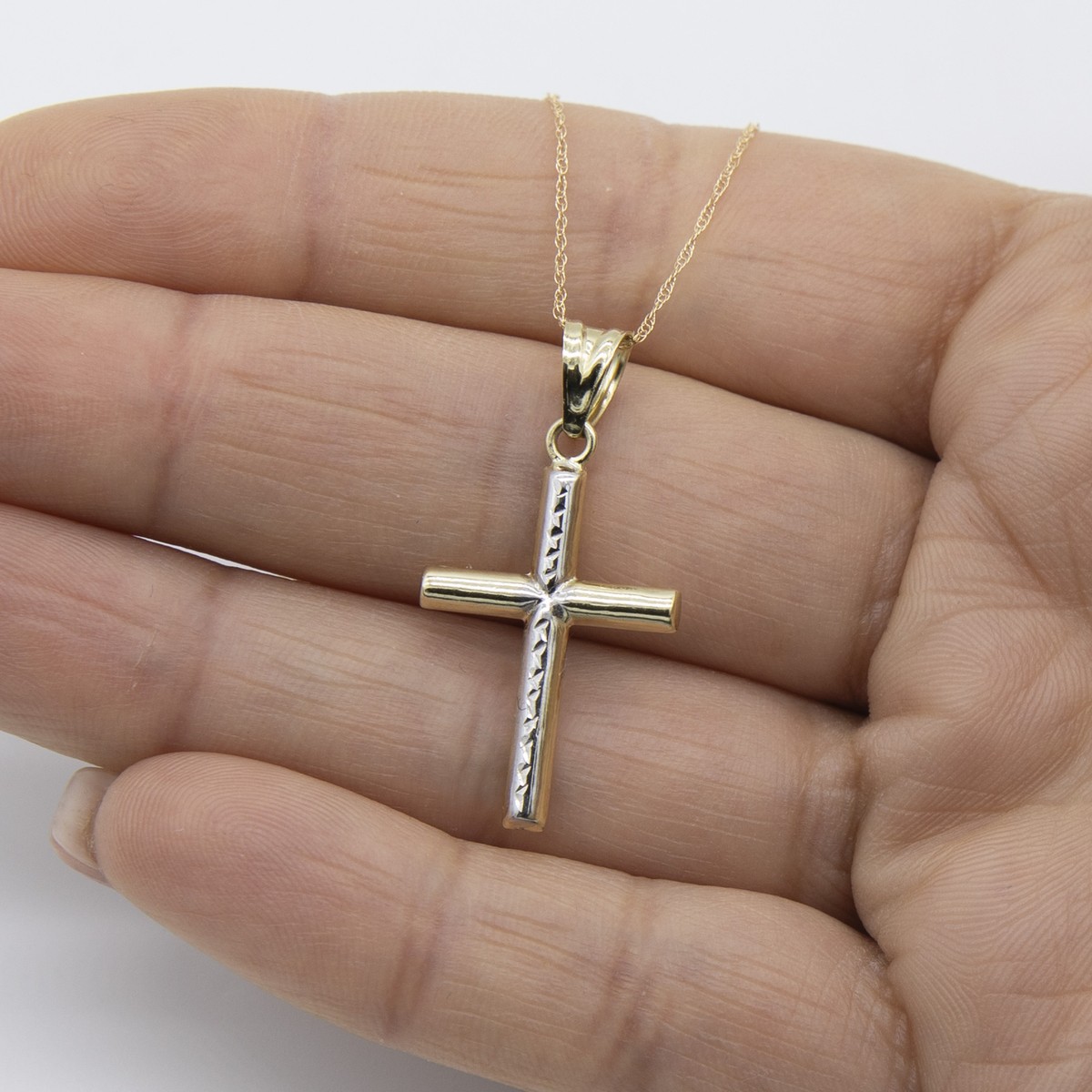 Cruz Crucifijo Diamante Corte Charm Colgante Collar Real 10K Oro Amarillo Blanco