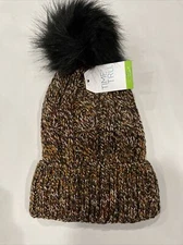 TIME AND TRU Marled Brown/Orange Beanie Faux Fur Lined Hat One Size