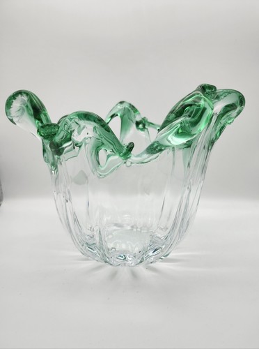 Murano Hand Blown Italian Clear and Green Vase/Bowl 8 1/2 Inches - Picture 4 of 11