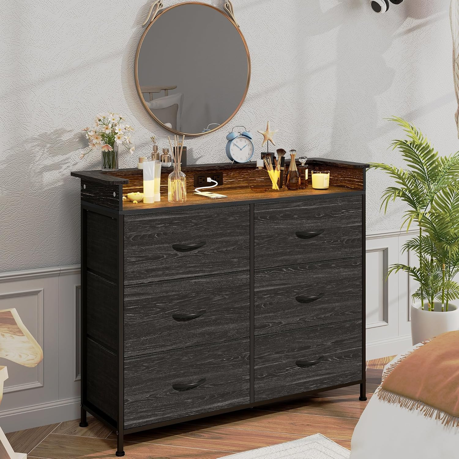Black Dresser for Bedroom with LED Light & Charging Station Dresser with 6 Drawe