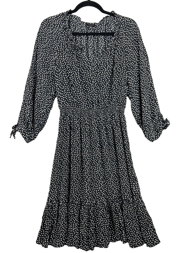 Talbots Dress Black White Dot Midi Dress Smocked Waist 3/4 Sleeve Ruffle Tier M