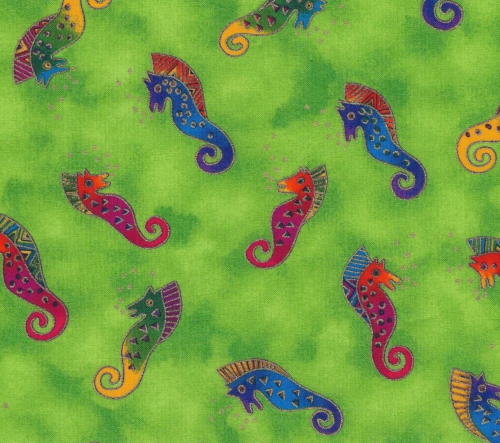 Sea Spirits Laurel Burch SEAHORSES on GREEN Metallic Fabric By the FQ - 1/4 YD - Picture 1 of 7