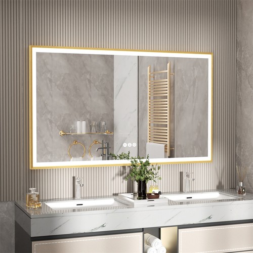 Large LED Bathroom Wall Mirror Gold Frame Demister Touch Control Anti-fog Mirror - Picture 5 of 22