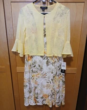 Perceptions NY 2 Piece Sleeveless Dress And Jacket Large Yellow Floral Lined