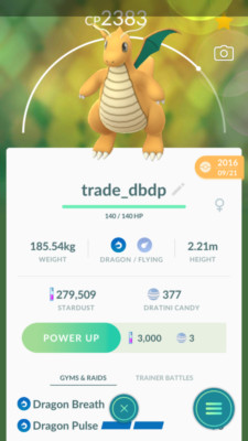 Pokémon Trade GO - Dragonite with Legacy move Dragon Breath & Claw -PVP Ultra