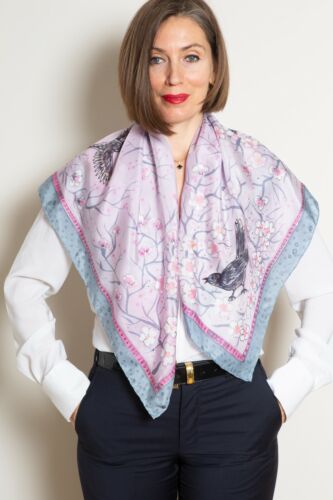 Cherry Blossoms Hand Painted Silk Scarf Sakura Pink Square Scarf Gift for Mom - Picture 4 of 9