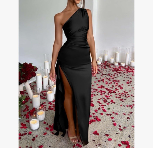 One Shoulder Gown Maxi Dress Liquid Satin Black Sz XS/0-2 High Slit Shine - Picture 11 of 13