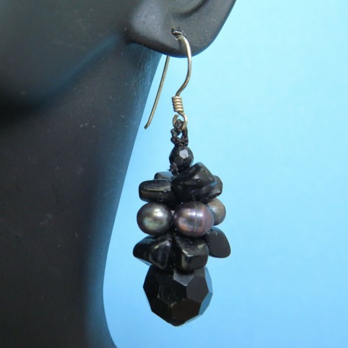 Pendientes colgantes de racimo de perlas y ónix negros de agua dulce plata esterlina 925 11 g - Imagen 6 de 8