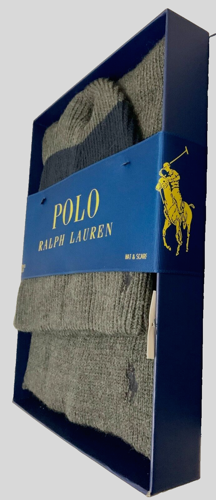 Nuovo set cappello polo e sciarpa Polo RL Ralph Lauren grigio con pony navy taglia unica in scatola