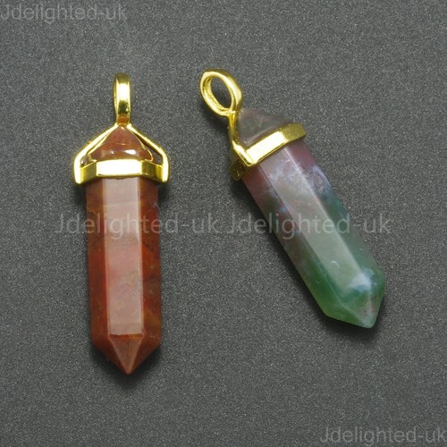 Natural Gemstone Hexagonal Point Reiki Chakra Pendant Real Leather Necklace Gold - Picture 21 of 41
