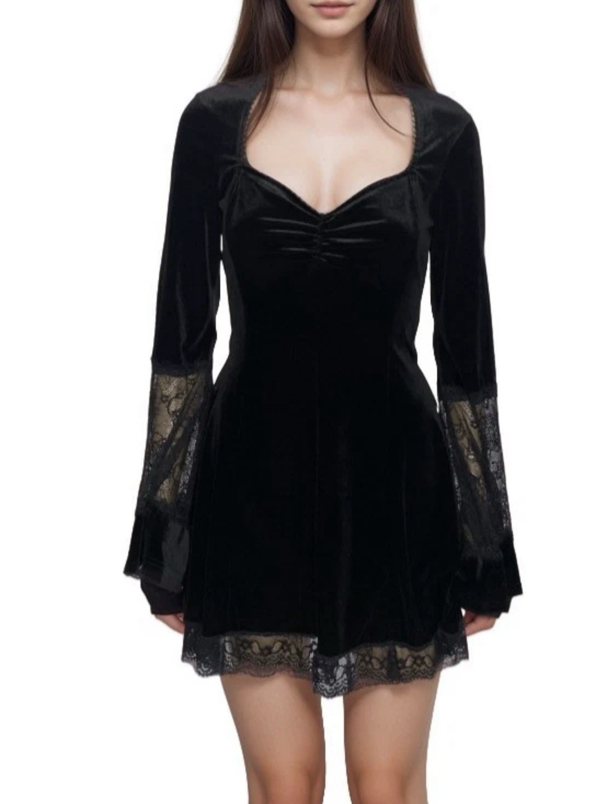 Whimsygoth Mini Dress Sz M Black Velour Lace Bell Sleeves Witch Vampire Cosplay