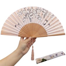 Folding Hand Fan with Tassel, Chinease/Japanese Handmade Silk Bamboo Hand Hel...