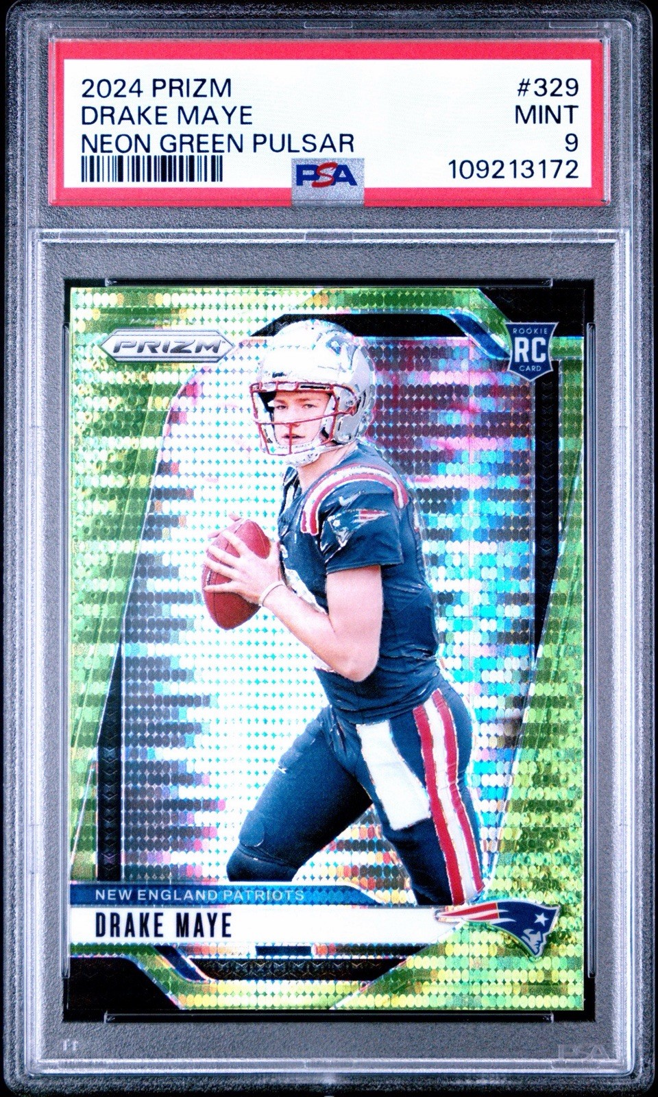 DRAKE MAYE 2024 PANINI PRIZM NEON GREEN PULSAR #329 PSA 9 Rookie RC Patriots