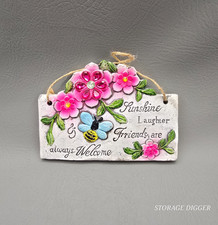 Floral Welcome Hanging Plaque Bee Butterfly Pink Flowers Wall Decor Stone Sign