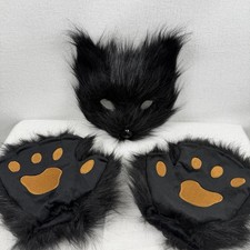 Black Cat Fox Mask & Paws Fluffy Furry Plush Costume Cosplay Therian Womens **