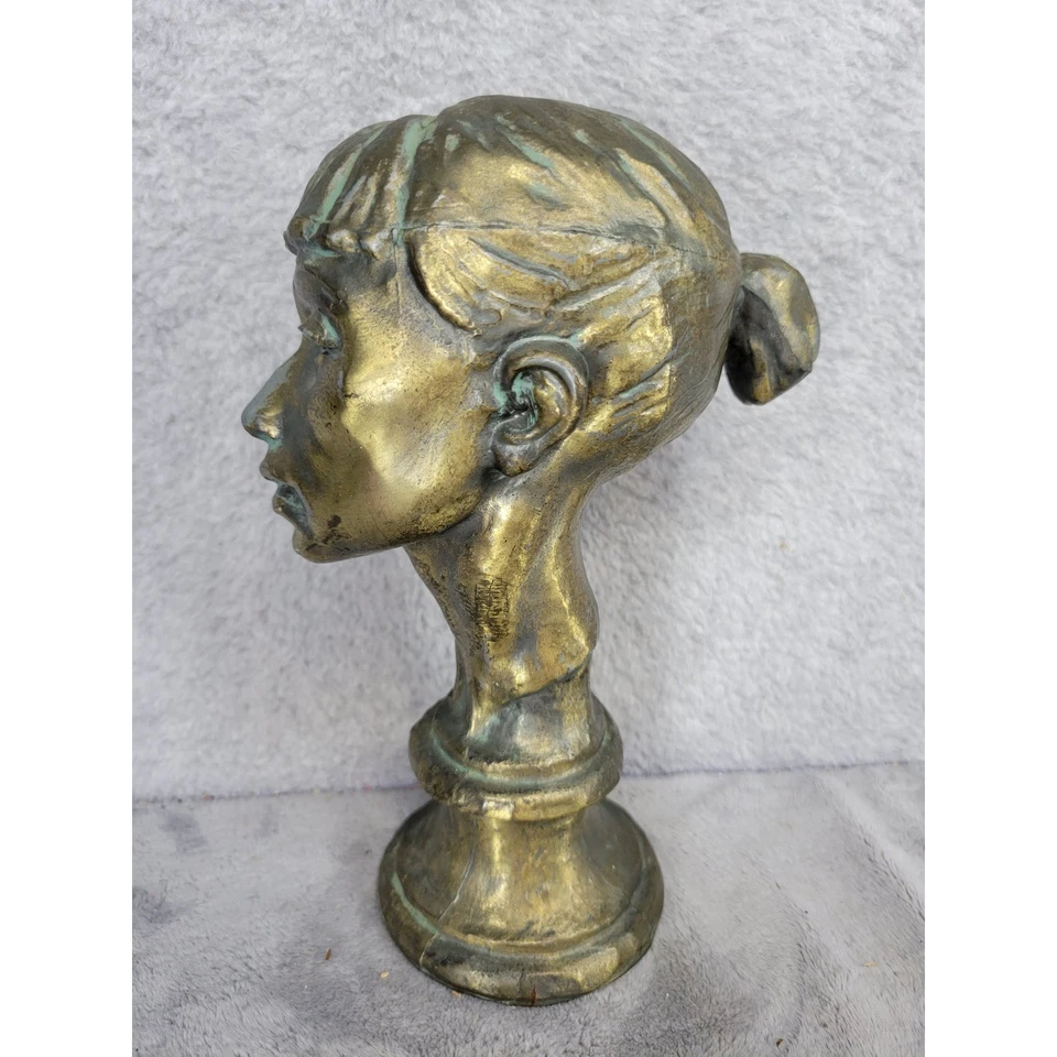 Estatuilla de arte vintage de bronce con busto de niña estatua adorno de escritorio decoración del hogar Foto 4 de 4