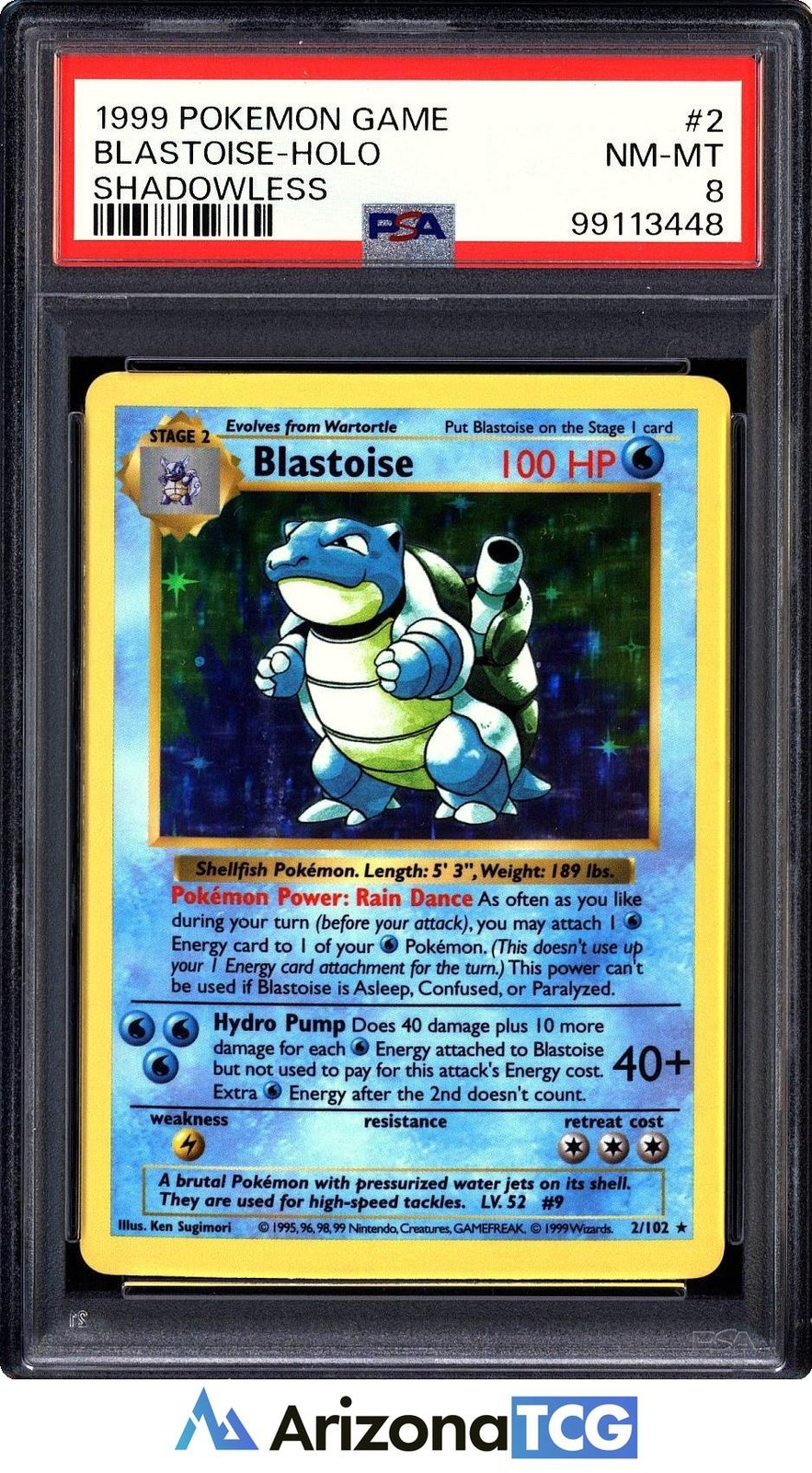 Pokemon 1999 Blastoise 2/102 Shadowless Holo Rare Base Set PSA 8