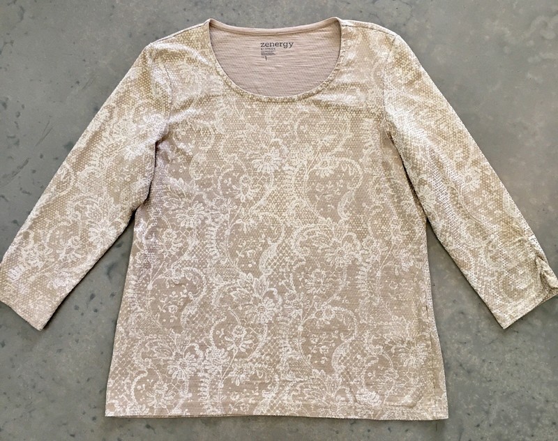 Tan Shimmer CHICO’S ZENERGY Floral Stretch 3/4 Length Sleeve T-SHIRT TOP Sz-1/M