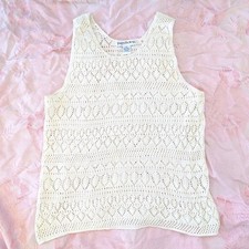 Vtg Crochet Knit Tank Top Sz L Floral Cream Open Knit Festival Coastal Boho Cami