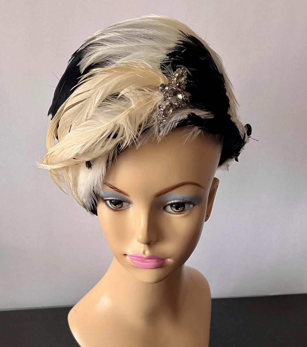 Elizabeth Hawkins Feather‎ Pillbox Hat Womens OS Black Rhinestone Vintage Formal Feather Pillbox Black Vintage Hats for Women for sale | eBay main image 4