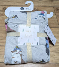 M&S Girl's Kids Pure Cotton Grey Cat Long Sleeve & Pants Pyjamas PJs 10 - 11 yrs