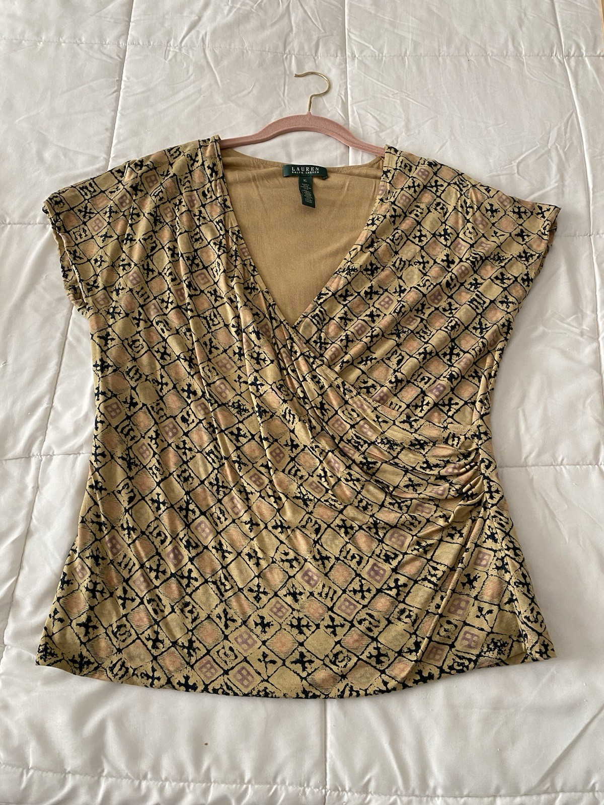 Camisa Lauren Ralph Lauren Mujer Grande Imitación Envolvente Top Tostado Estampado Cachemira Talla XL