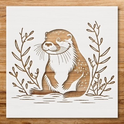 Elegant Otter Among Aquatic Plants Detailed Stencil Design for Crafting - Ste 