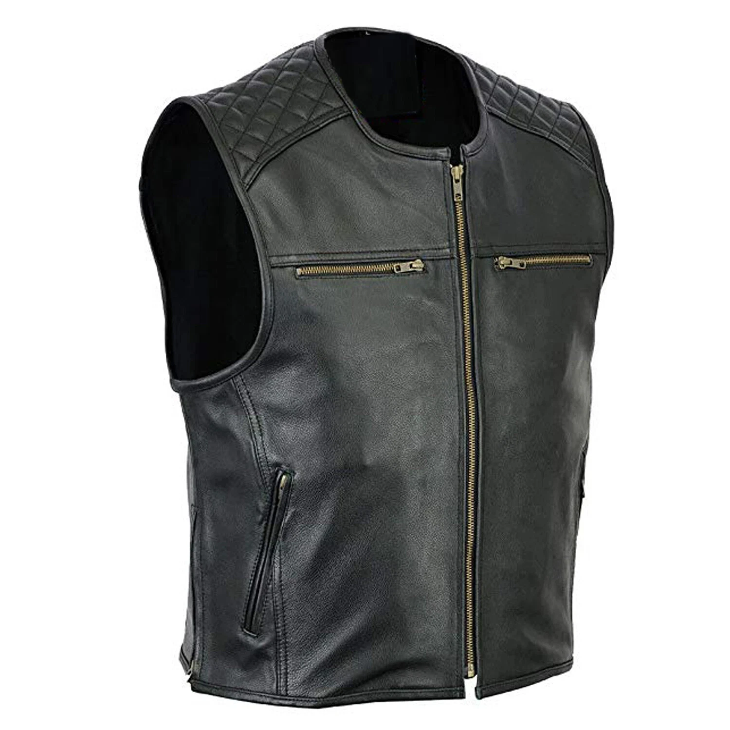 Mens Black Leather Motorcycle Vest Genuine Cowhide Biker Waistcoat