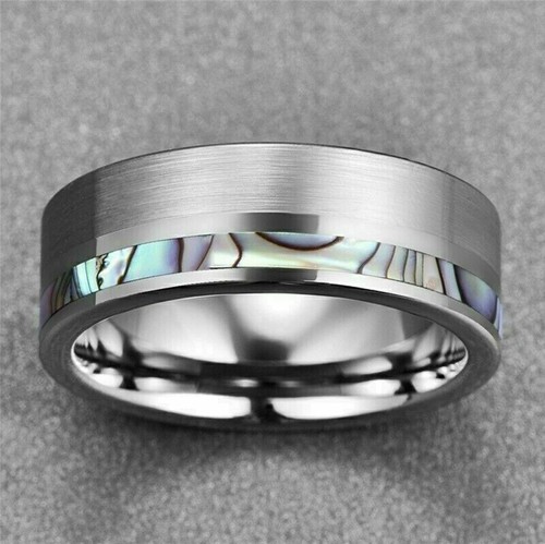 Anillo de abulón incrustación de titanio carcasa de acero joyería 8 mm boda banda de carburo para hombre - Imagen 13 de 22