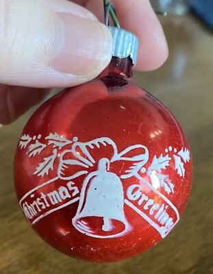 VINTAGE SHINY BRITE CHRISTMAS GREETINGS RED STENCIL CHRISTMAS ORNAMENT 2'' SIZE