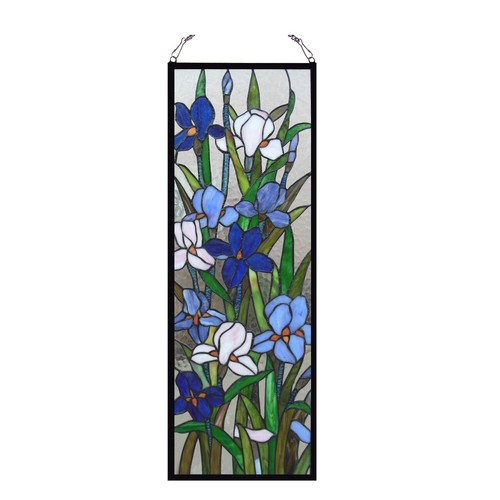 Sororia" Tiffany-glass Iris Design Window Panel 11.5x31.5 - Picture 2 of 2