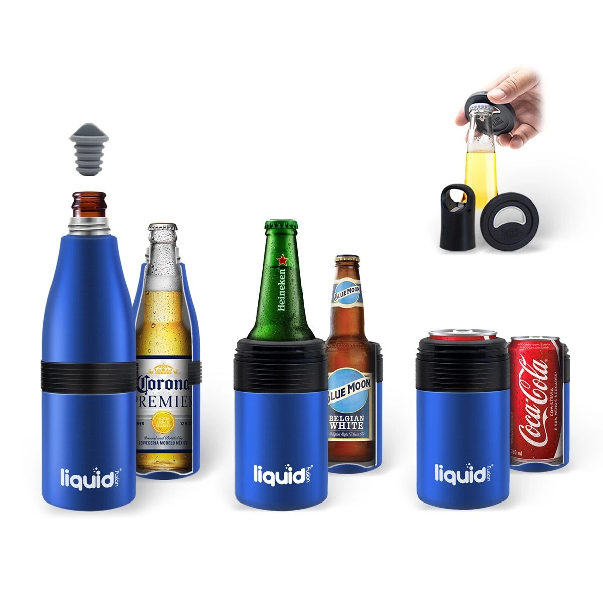 3in1 Beer Bottle Insulator with Opener & Stopper Stainless Can holder 12oz  Blue