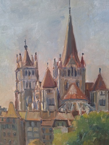 peinture hst Paysage cathédrale de Lausanne Suisse Encadré Signé Painting Oil - Imagen 10 de 14