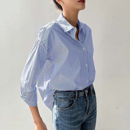 Women Loose Fit Shirt Striped Chic Women's Vertical Relaxed Office Style