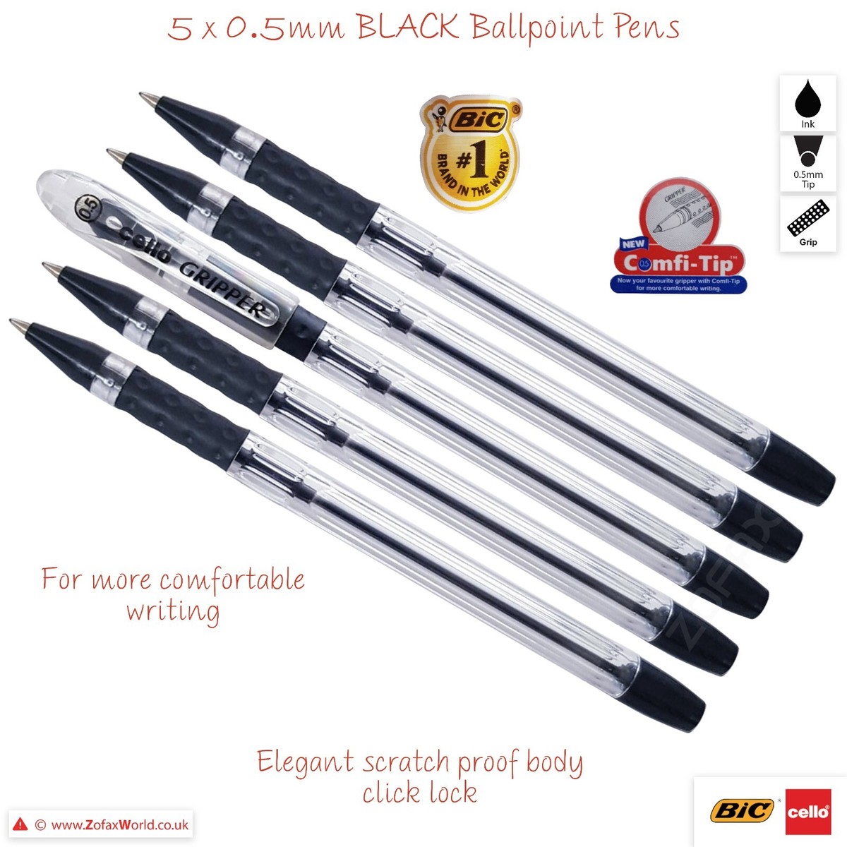 x BIC CELLO Gripper BLACK Ballpoint Pens Elasto Grip