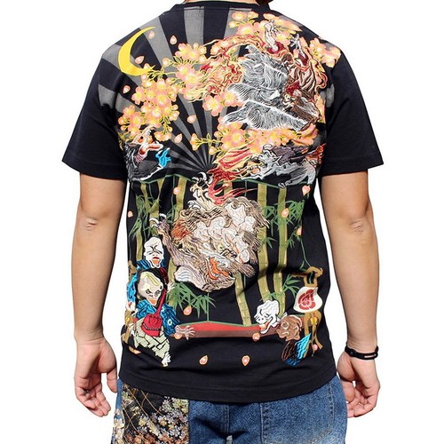 Mens Summer T-Shirt Short Sleeve Japanese Pattern Embroidery Ukiyo-e Black White - Picture 11 of 19