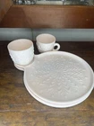 2 Vtg 1950s Jeannette Feather Shell Pink Milk Glass Snack Plate Tray & Cup Sets