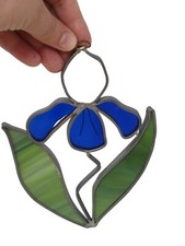 Vintage Stained Glass Sun Catcher Blue Flower With Hanging Hook